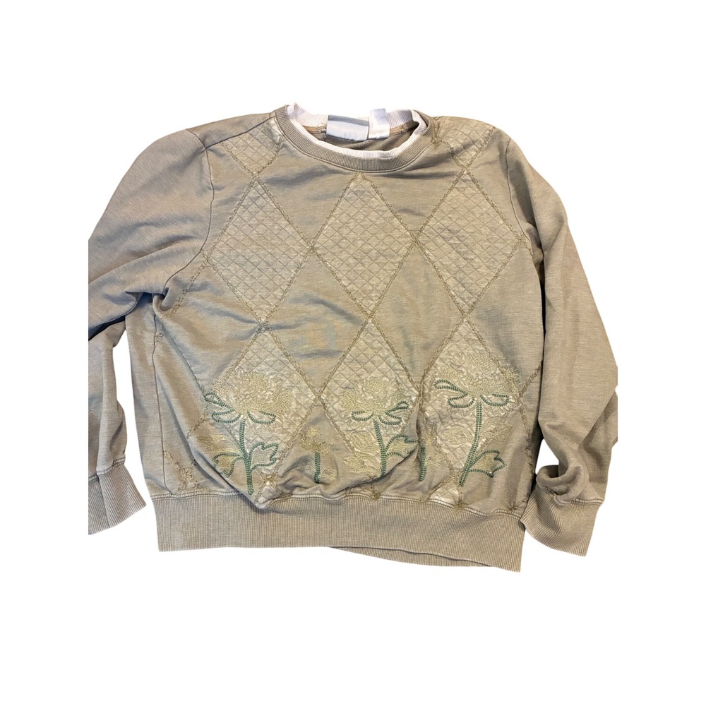 Alfred Dunner Vintage Quilted Floral Embroidered Sweatshirt Taupe Petite